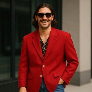 Stanley Blacker Vintage Red Blazer 40R Oversized Textured Gold Buttons USA